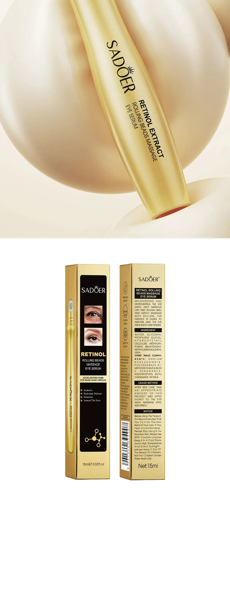 Snail Face Cream + Retinol Eye Serum Massage Roller 2pcs/Lot for Moisturizing Eye Bag Face Cream Skin Care Products