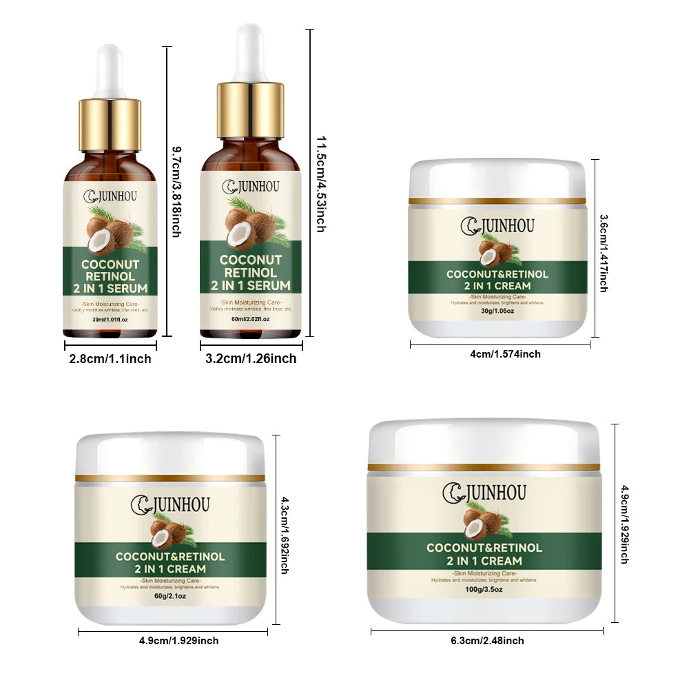 JUINHOU Coconut Oil Moisturizing Set Cream & Serum Controls Oil Hydrates Soothes Sun-Induced Redness Suitable For Daily Skincare