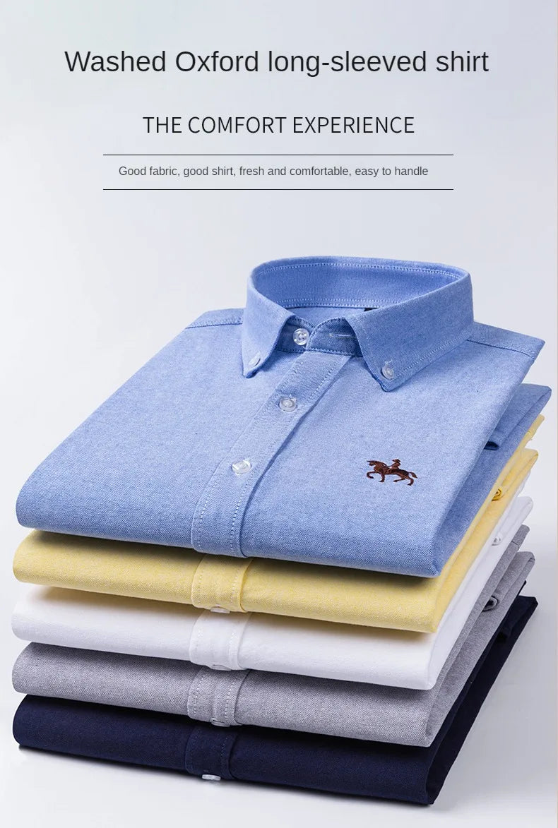 100% Pure Cotton Men's Long Sleeve Shirt Business Casual Solid Color Embroidered Oxford Spun Shirt