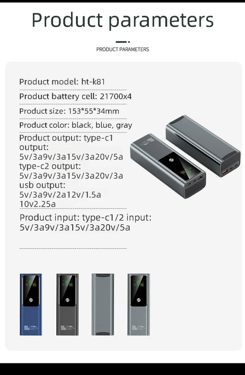 100W PD Fast Charge Power Bank 20000mAh Bidirectional Portable External Battery for IPhone Android Laptop Notebook