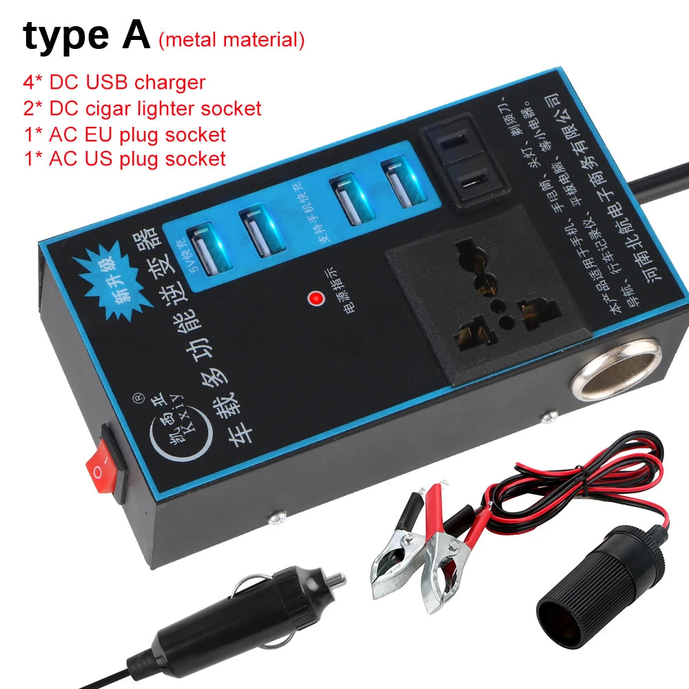 200W Inverter Storage Battery Converter DC 12V/24V To AC 110V/220V Splitter 8 Ports USB Chargers AC Power Socket Car Inverter