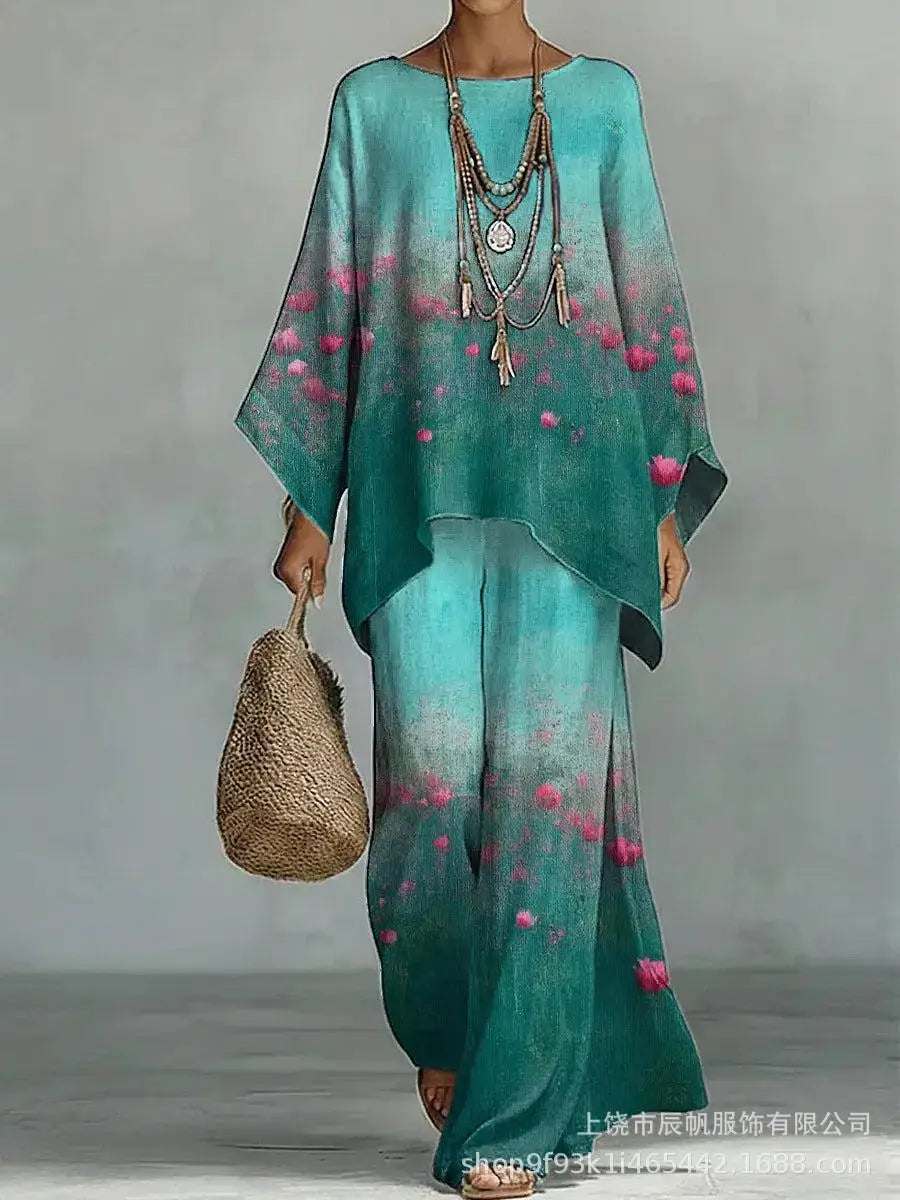 Bohemian Foreign Style Printed Women's Two-piece Set Spring Fashion O-neck Loose Top+wide Leg Pants Suit Ladies Office Outfit