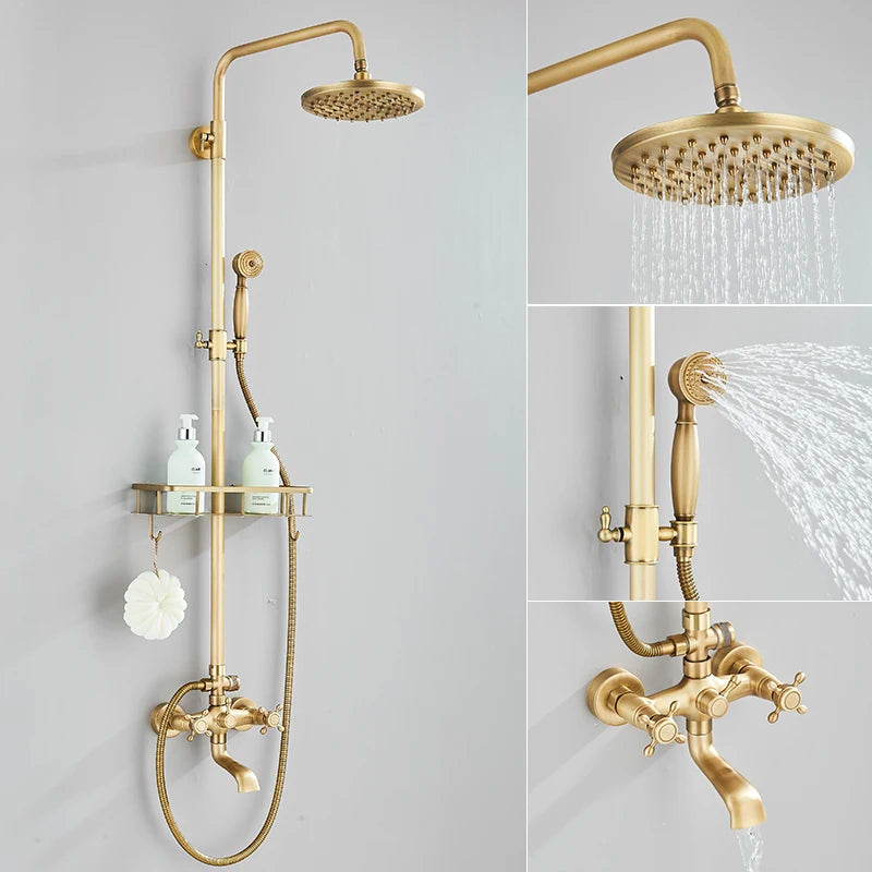Antique Brass Shower Faucet Set Rainfall Head Shower with Handshower Wall Mount Dual Handle Mixer Bathroom Shower System