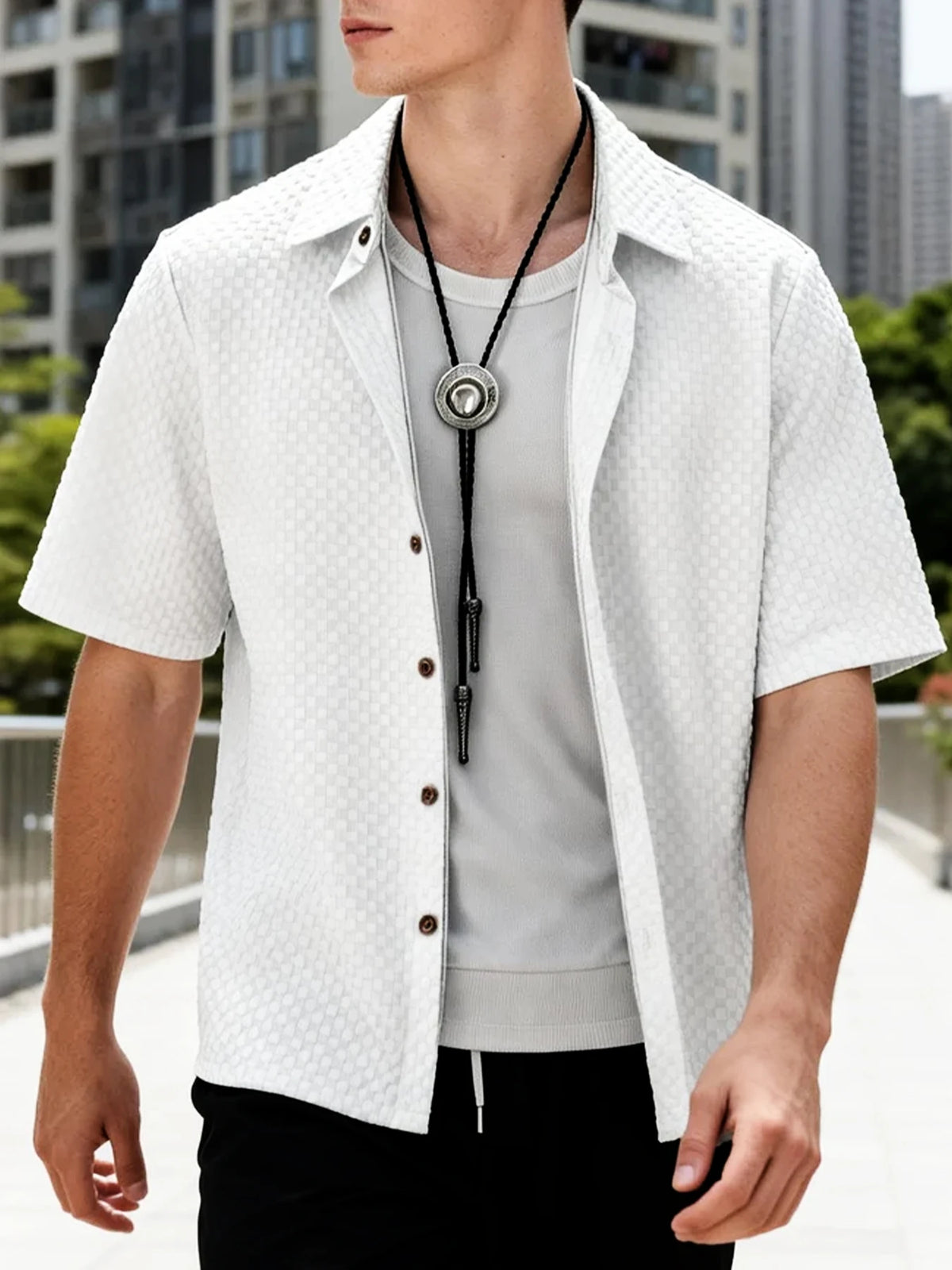 Men's Beach Casual Wear: Bubble Fabric Shirt Set, Loose Fit, Turn-down Collar, Buttoned Cardigan, Men's Cotton Summer Daily Apparel