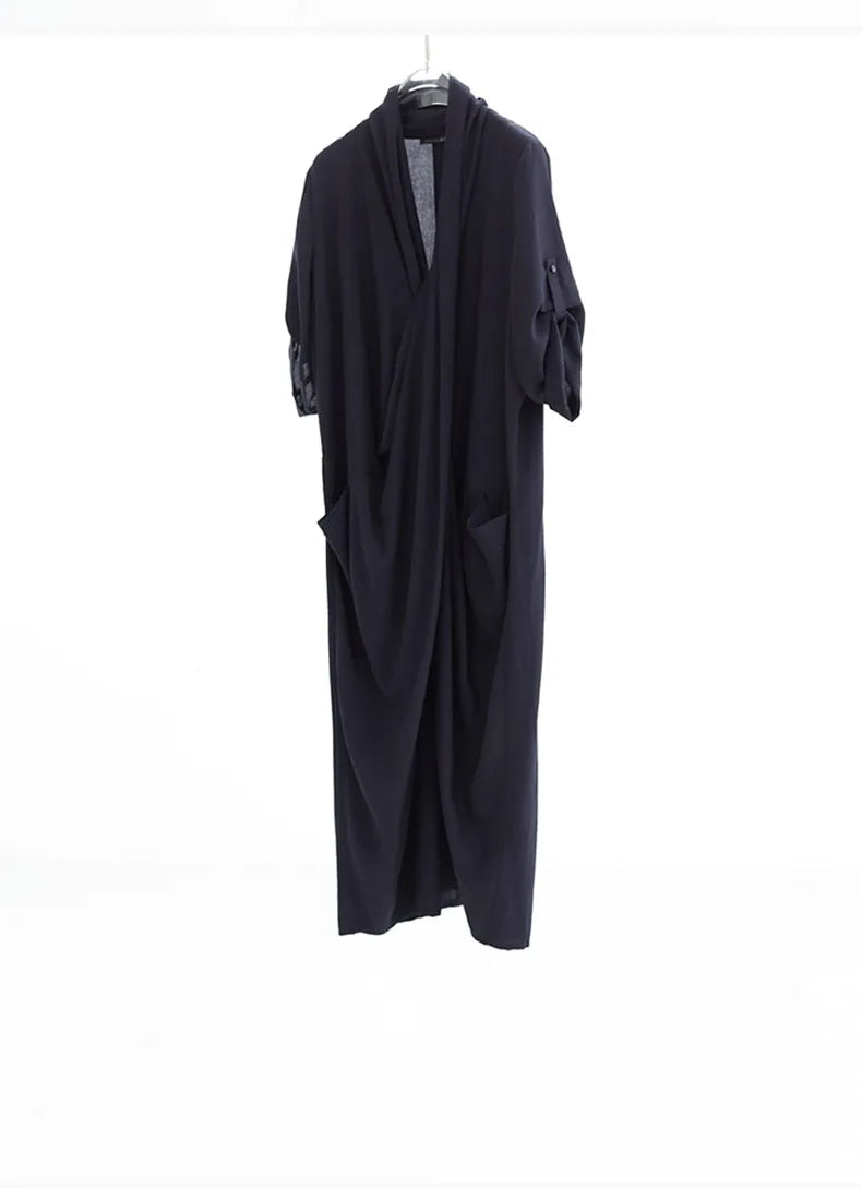 New Chinese-Style Dress~Draped Collar Navy Blue Pleated Dress, Summer Slimming and Elegant Long Dress for Women