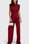 Women's Sleeveless Asymmetric Top & Wide Leg Pants Set Solid Color High Waist Casual Two Piece Outfit Office Lady Simple Set