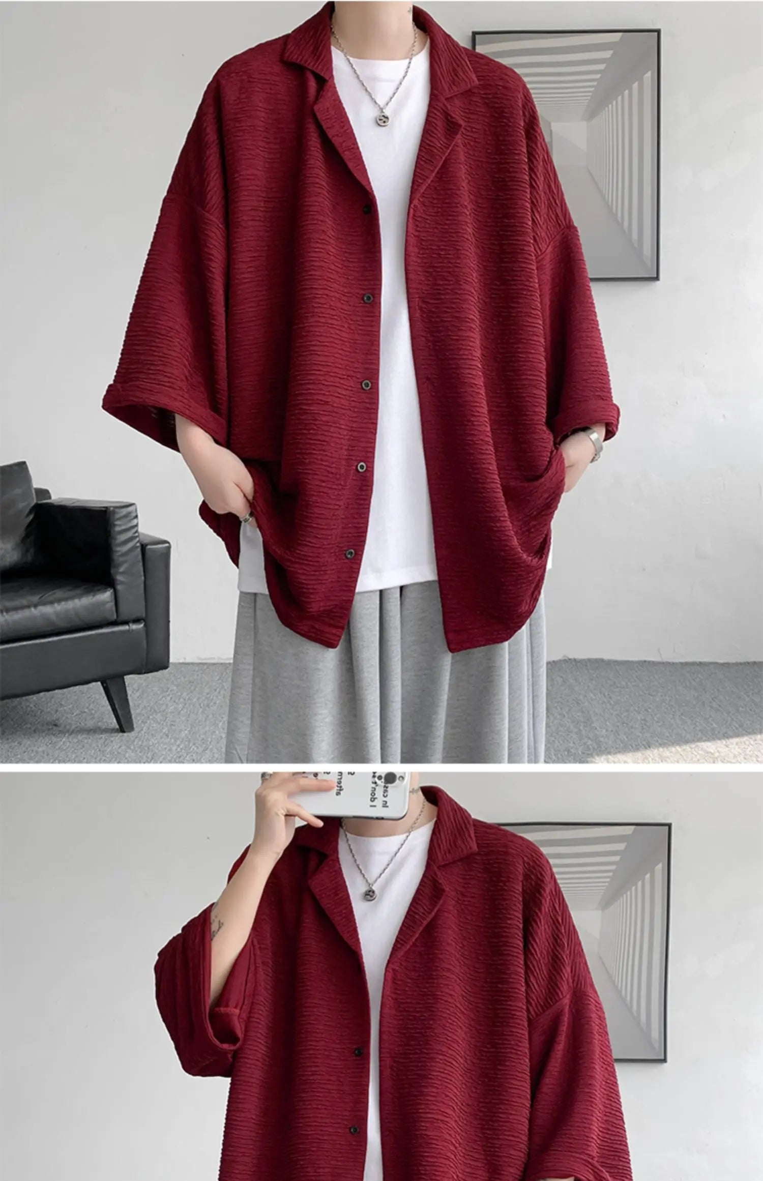 LEGIBLE Spring Summer Solid Shirts Men Casual Oversized Three Quarter Shirts Male Loose Fit Shirt for Man
