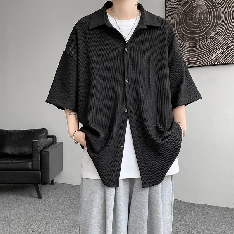LEGIBLE Spring Summer Solid Shirts Men Casual Oversized Three Quarter Shirts Male Loose Fit Shirt for Man