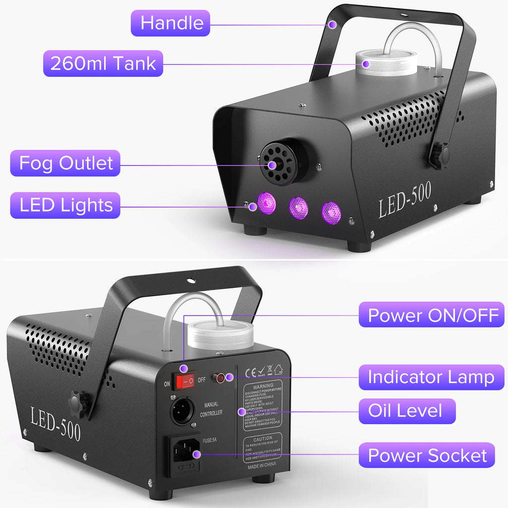 Yiflamefly 500W RGB LED Smoke Fog Machine Fogger Stage Lighting Effect with Remote Control for Wedding DJ Show Concert Bar Party