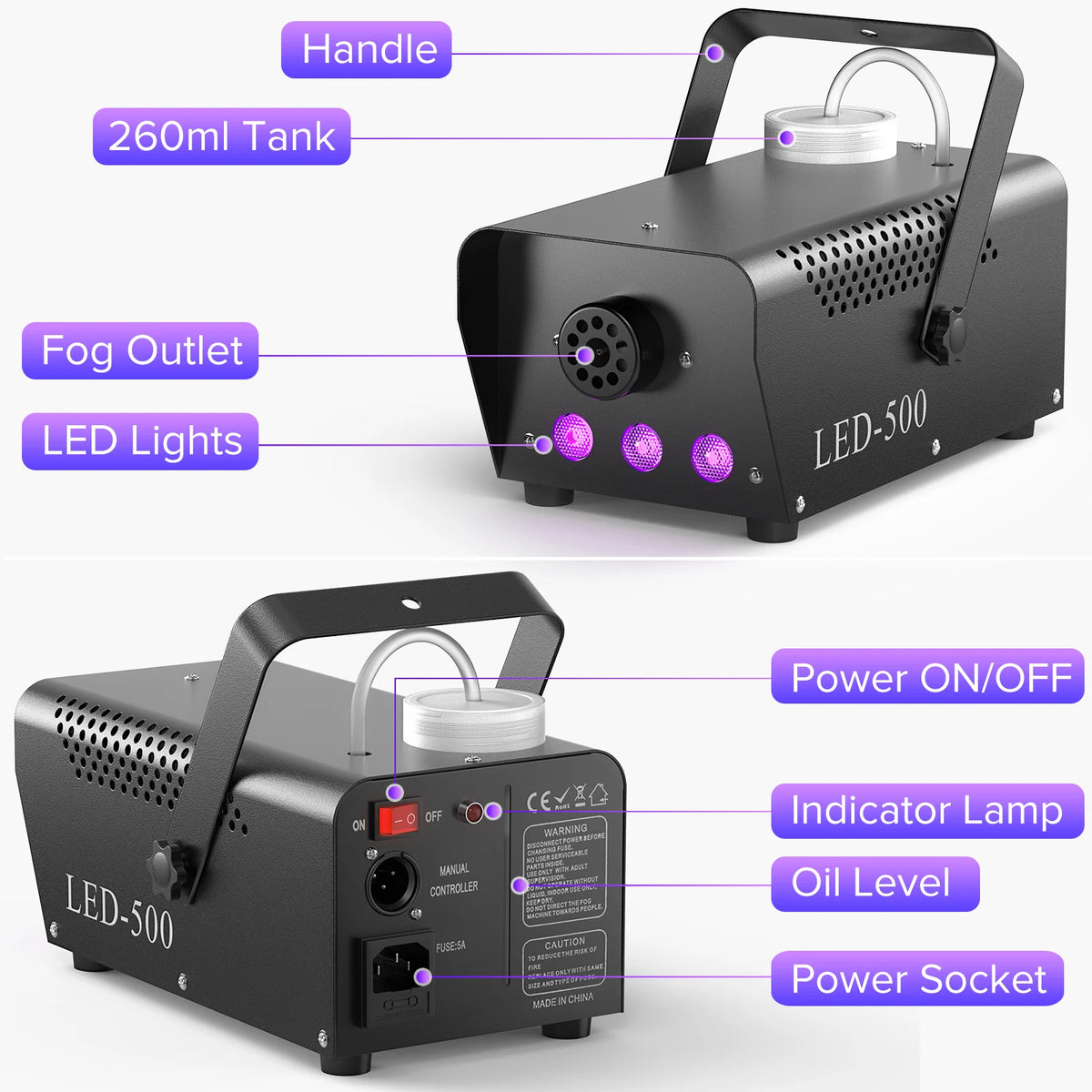 Yiflamefly 500W RGB LED Smoke Fog Machine Fogger Stage Lighting Effect with Remote Control for Wedding DJ Show Concert Bar Party