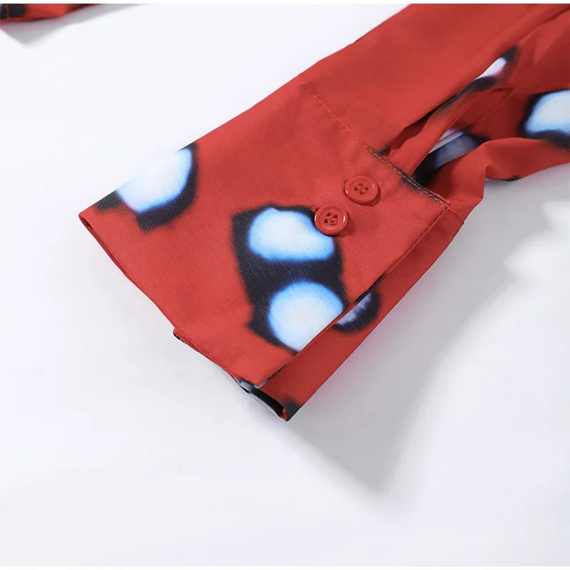 Beach Vacation Printed Shirt Pant Set Women Red See Through Lapel Full Sleeve Button Shirts Pants Suit 2026 Summer Casual Outfit