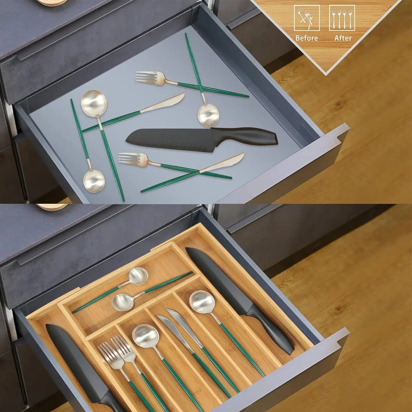 Adjustable Cutlery Tray Drawer Organizer Wooden Divider Organizer Drawer Storage Rack Cutlery Rack For Home Kitchen Restaurant