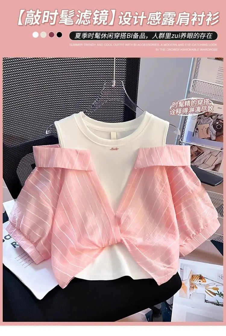 Girls' Western Style Loose Fitting Shirt 2026 New Children's Off Shoulder Top T-Shirt Fake Two-Piece Top