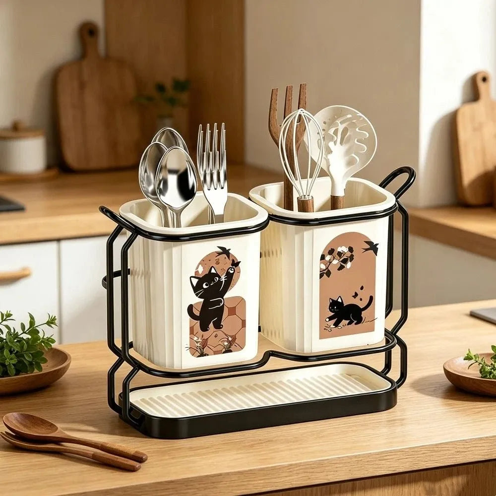 Cute Cat Kitchen Storage Basket Durable Standing Chopsticks Holder Organizer No-drill Tableware Drainer Kitchen