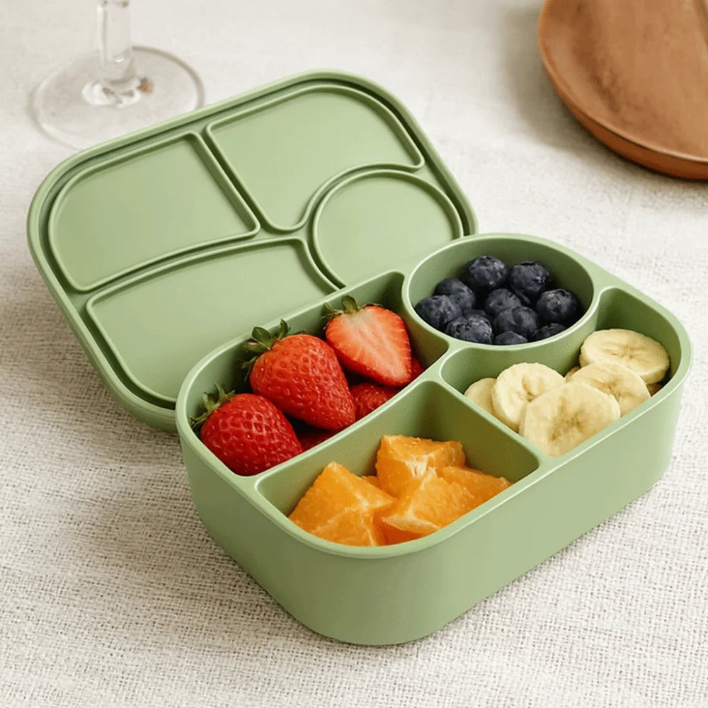 Rectangular Silicone 4 Grid Lunch Box Heat Resistant Leak Proof Lunch Container With Compartments Microwavable Food Box School