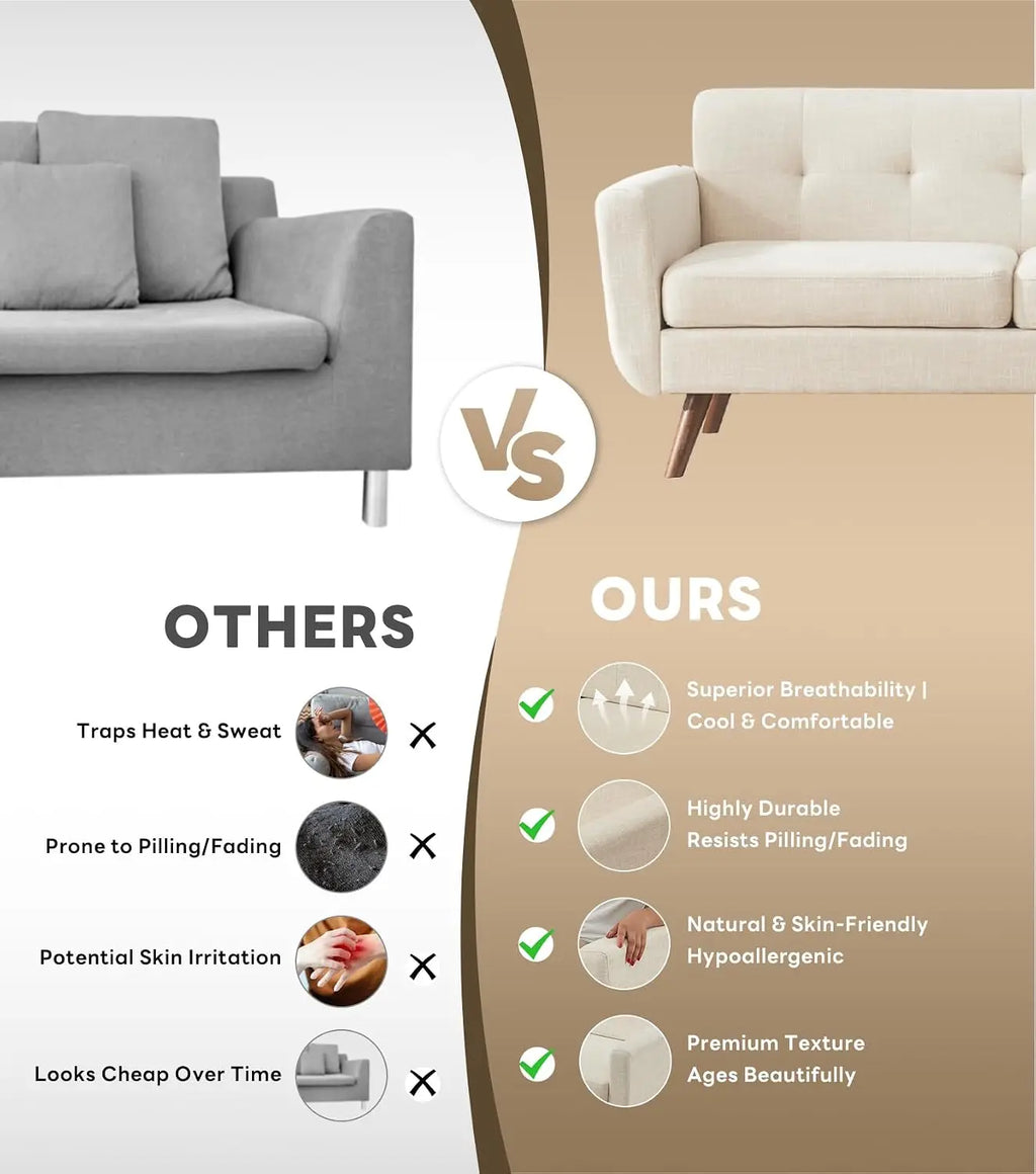 Linen Sofa Loveseat Mid Century Modern Button Tufted Upholstered Solid Easy Install Living Room Bedroom Beige, Customized