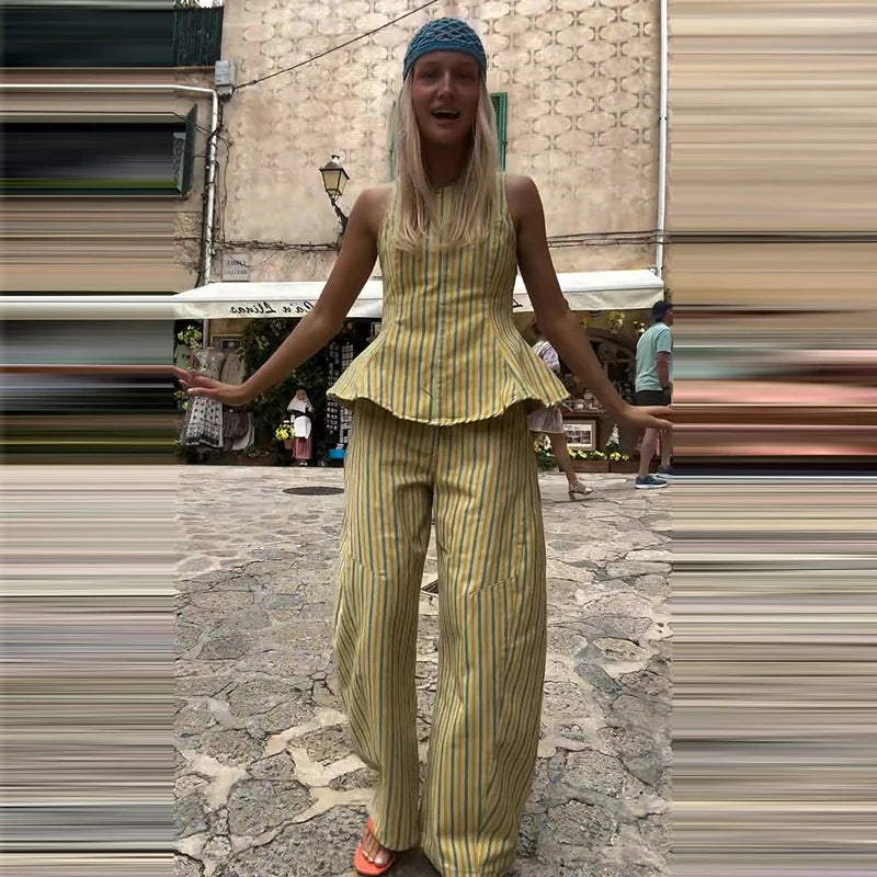 Casual Striped Pleated Vest Pants Women's Set Elegant Sleeveless O-neck Top Wide Leg Trousers 2026 Summer Vacation Lady Outfit