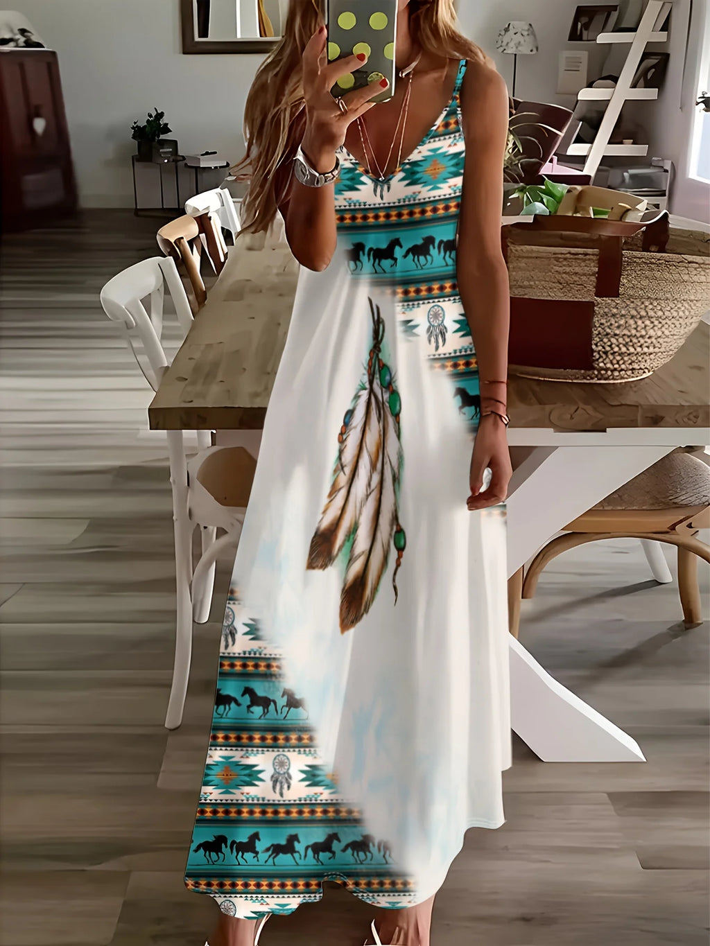 Printed Design casual style Feather Horse Tribal Pattern Print women's dress