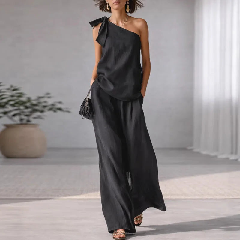 Women's 2 Piece Set 2026 Spring Sexy One Shoulder Tie Knot Top And Wide Leg Pants Suit Casual Loose Summer Beach Vacation Outfit