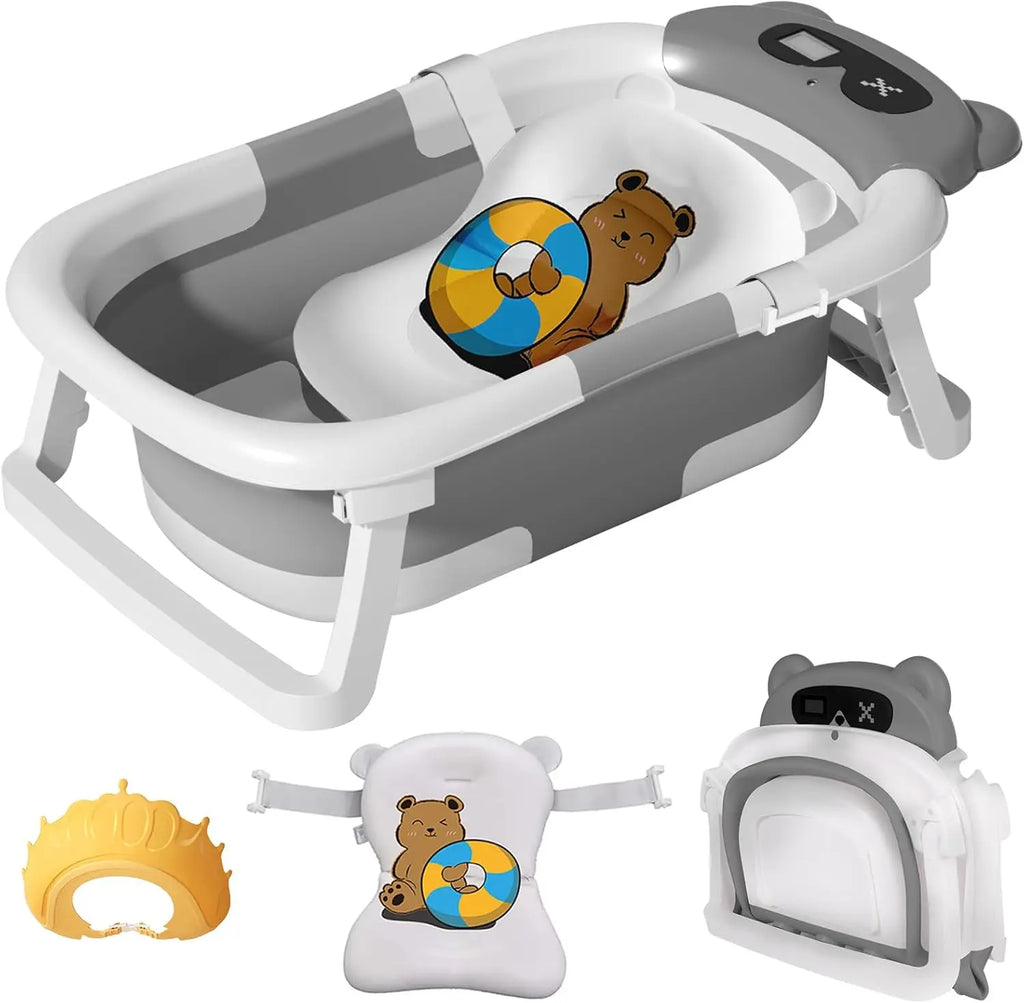 Baby Bath Tub with Bath Cushion Foldable Bathtub with Thermometer Shower Cap Shower Brush for Newborn and Toddler 0-36 Months