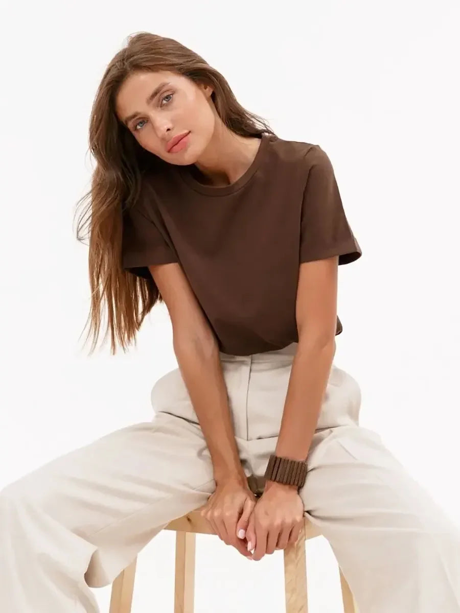 Wolfeel Summer 100% Cotton Women's T-shirt Bottoming Basic Fashionable Solid Lady Short Sleeve Loose Tops Shirts 230g/㎡ Tops