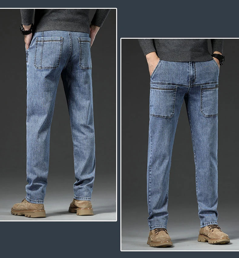 6 Pocket Design Denim Jeans Men's 2025 New High Elasticity Denim Casual Trousers Straight Male Pants Fashion Mid-waist Jeans