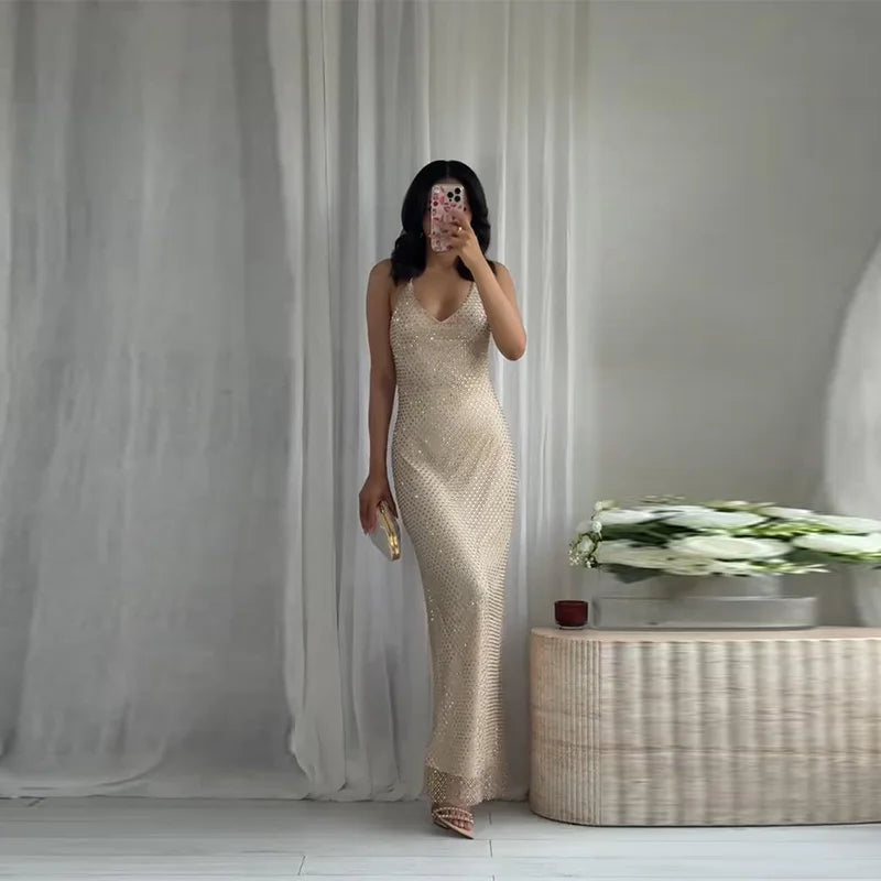 Sexy Diamond Halter Dress Women Shinny Sleeveless Backless V-neck Slim A-line Dresses Female 2026 Spring Summer Party Lady Robes