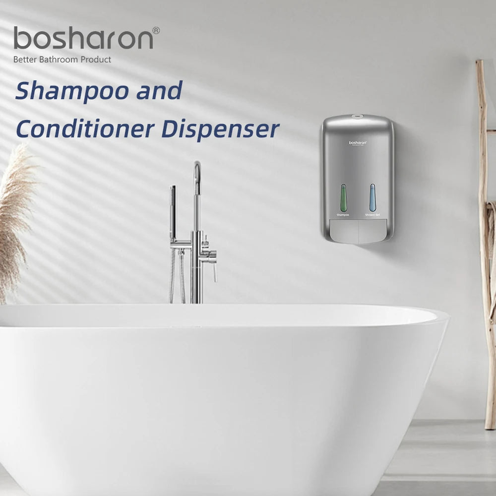 2-in-1 Shower Shampoo Soap Dispenser No Drill Wall-Mounted Shower Pump Soap Dispenser 2 Chamber Body Wash Dispenser for Bathroom