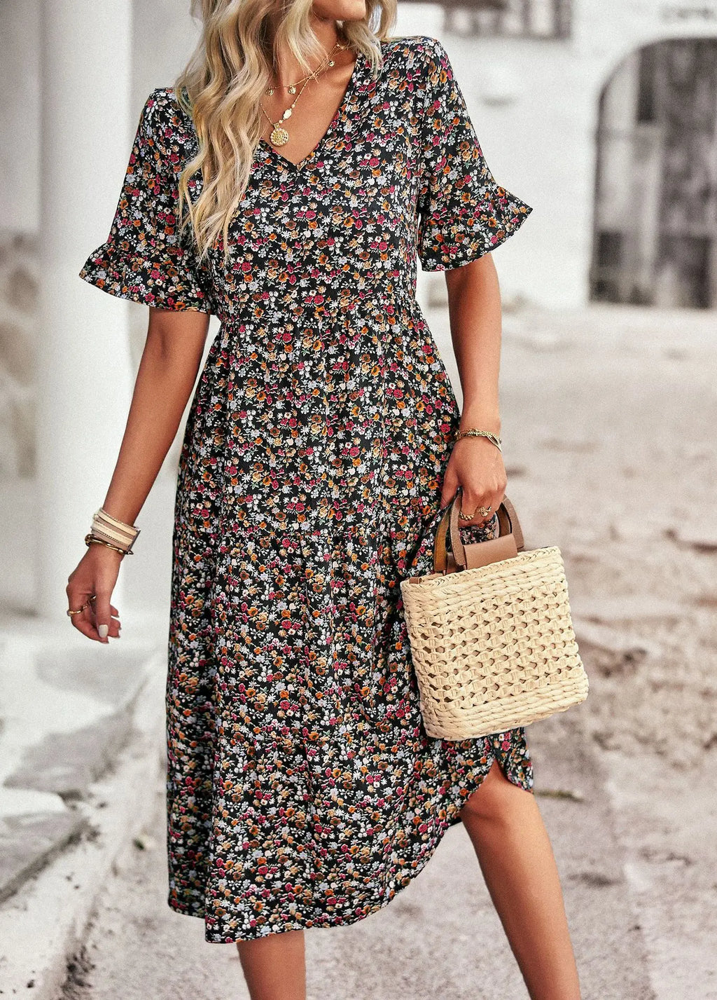 Msfilia Fashion V Neck Elegant Printed Dress Women Summer Short Sleeve High Waist A Line Floral Holiday Dresses
