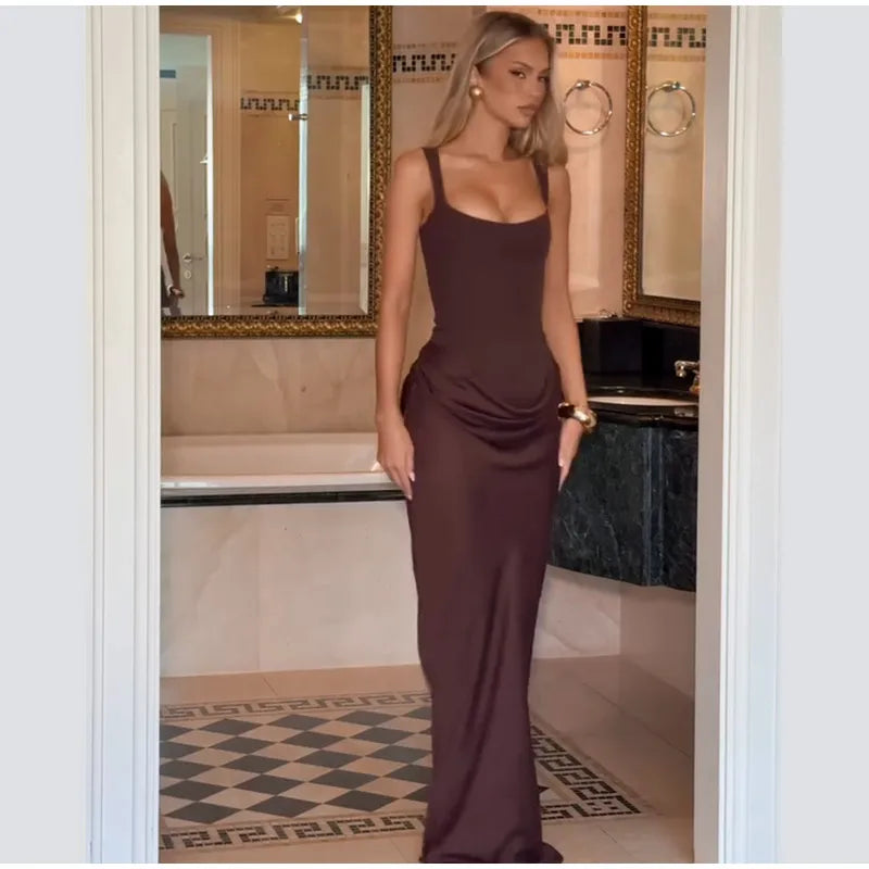 Solid Pleated Sling Dress Women Square Neck Sleeveless Backless Waist Cinching Bodycon Dresses Lady Summer Evening Party Gowns