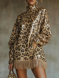 Sequin Leopard Print Tassel Mini Dress for Women Long Sleeves High Neck Pockets Fringe Hem Dress Elegant High Street Dresses