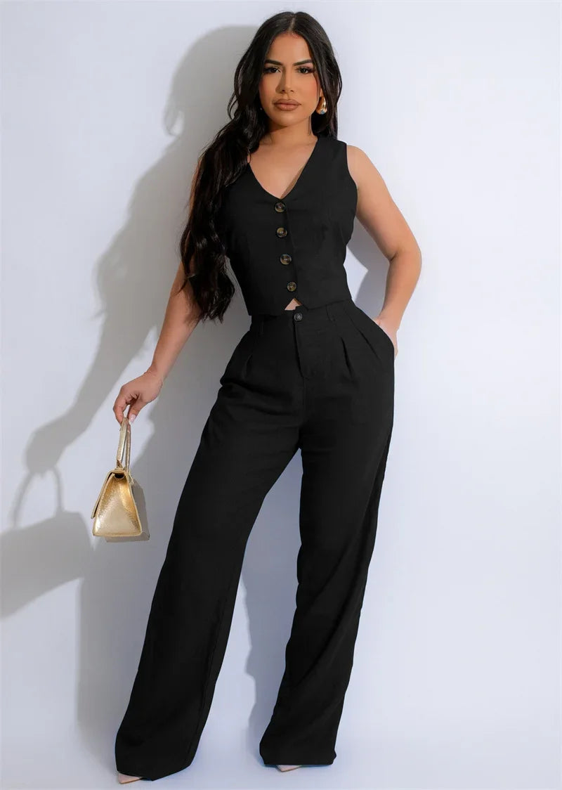 Fashion Elegant Two Piece Set for Women Workwear Office Lady Sleeveless Vest Single-breasted Top + Wide Leg Pants Business Suit