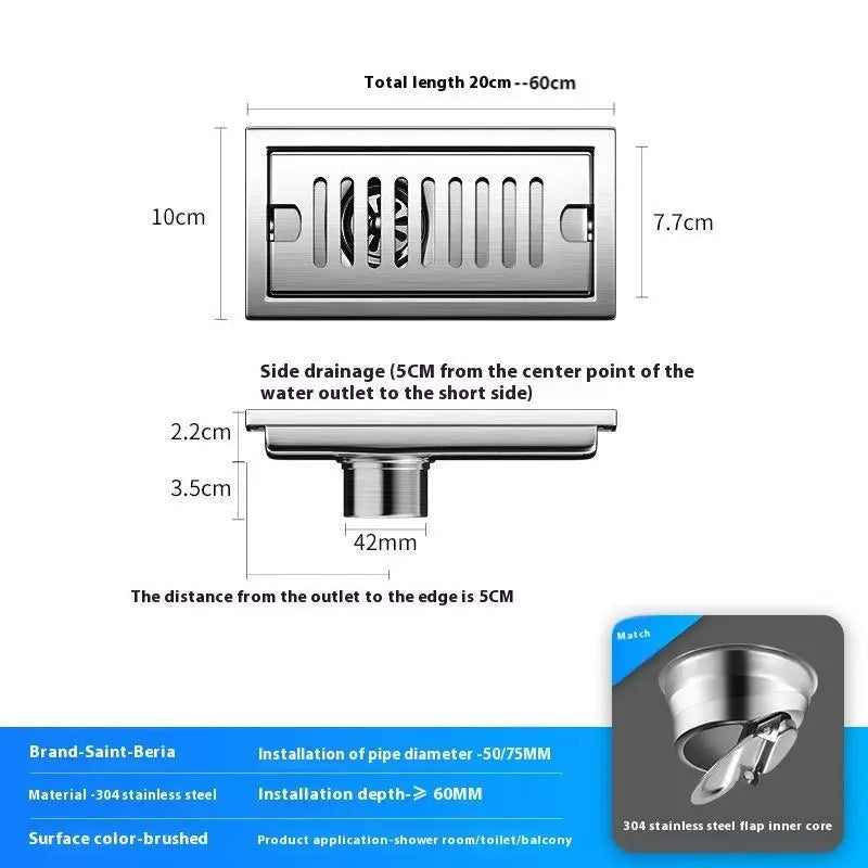 20/30/40/50/60cm Stainless Steel Shower Floor Drain Bathroom Rectangle Linear Floor Drainage Floor Drain with Strainer Covern