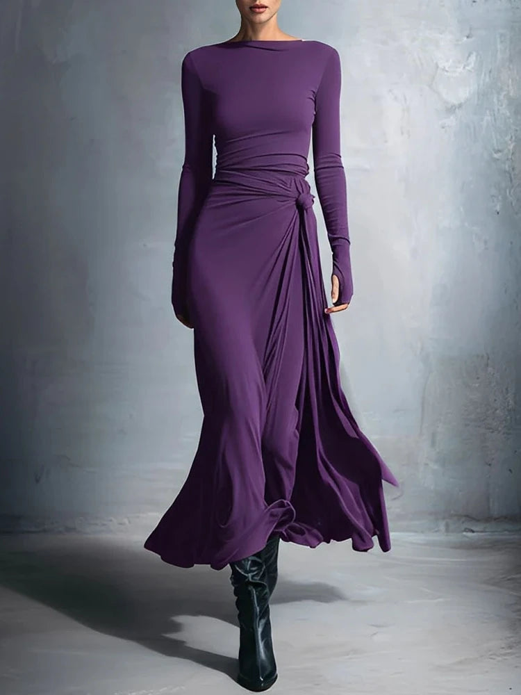 Elegant Long Sleeve Ruched Sexy Maxi Dress Women Gown Autumn Fashion Draped Bodycon Irregular Long Dresses Female Clothing