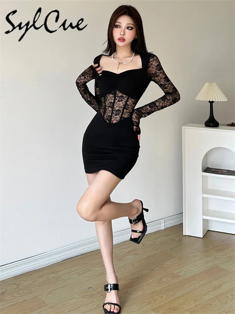 Sylcue Black Mysterious Sexy Lace Stitching Mature Beautiful Sweet Gentle Women'S Winter Long Sleeve Hip Short Dress