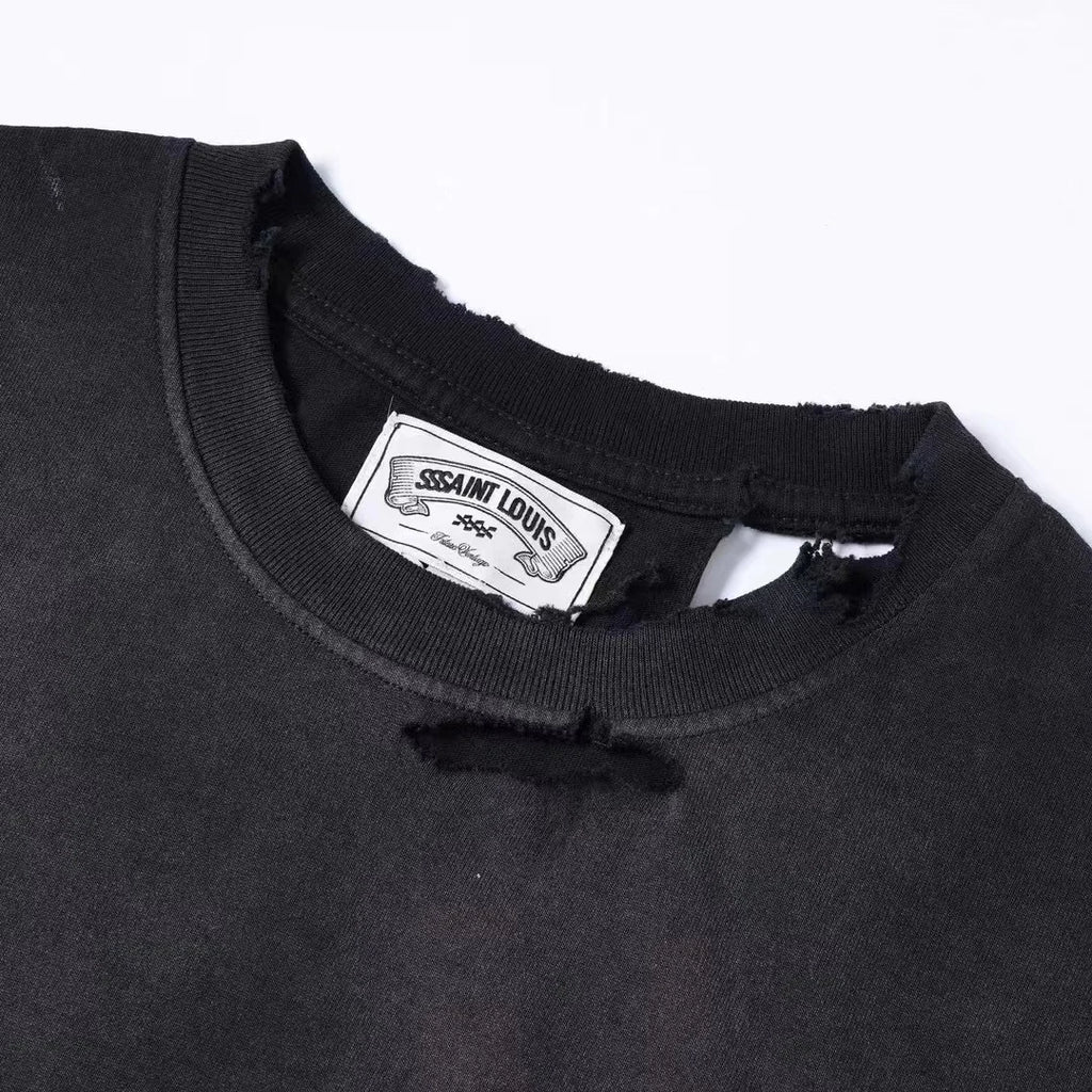 SSSAINT LOUIS Handmade Destruction logo letter print classic vintage summer short-sleeved t-shirt men/women high street cotton