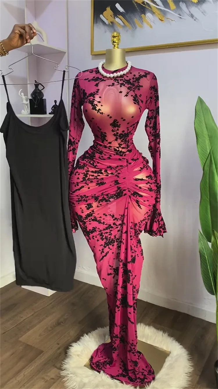 CM.YAYA Women Long Sleeve Ruched Mesh See Though with Lining Bodycon Long Dress 2025 Fall Evening Birthday Sexy Party Dresses