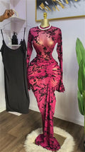 CM.YAYA Women Long Sleeve Ruched Mesh See Though with Lining Bodycon Long Dress 2025 Fall Evening Birthday Sexy Party Dresses