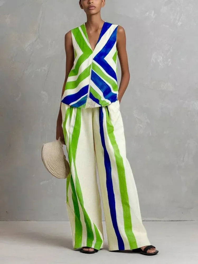 UOOZEE 2026 New Boho Vacation 2 Piece Set Women Fashion Contrast Color Striped V-Neck Tank & Elastic High Waist Wide Leg Pants