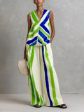 UOOZEE 2026 New Boho Vacation 2 Piece Set Women Fashion Contrast Color Striped V-Neck Tank & Elastic High Waist Wide Leg Pants