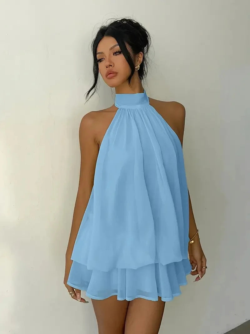 Women Halter Neck Backless Tie Mini Dress Summer Sleeveless Chiffon Ruffle Short Dresses Sexy Club Party Beach Vacation Outfit