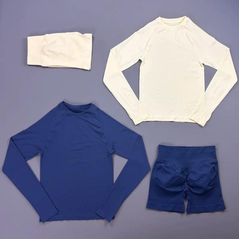 2 Piece Fitness Outfit Women Raglan Long Sleeve Crew Neck Top Hip Shaping Scrunch Shorts Stretch Soft Dance Gym Workout Set