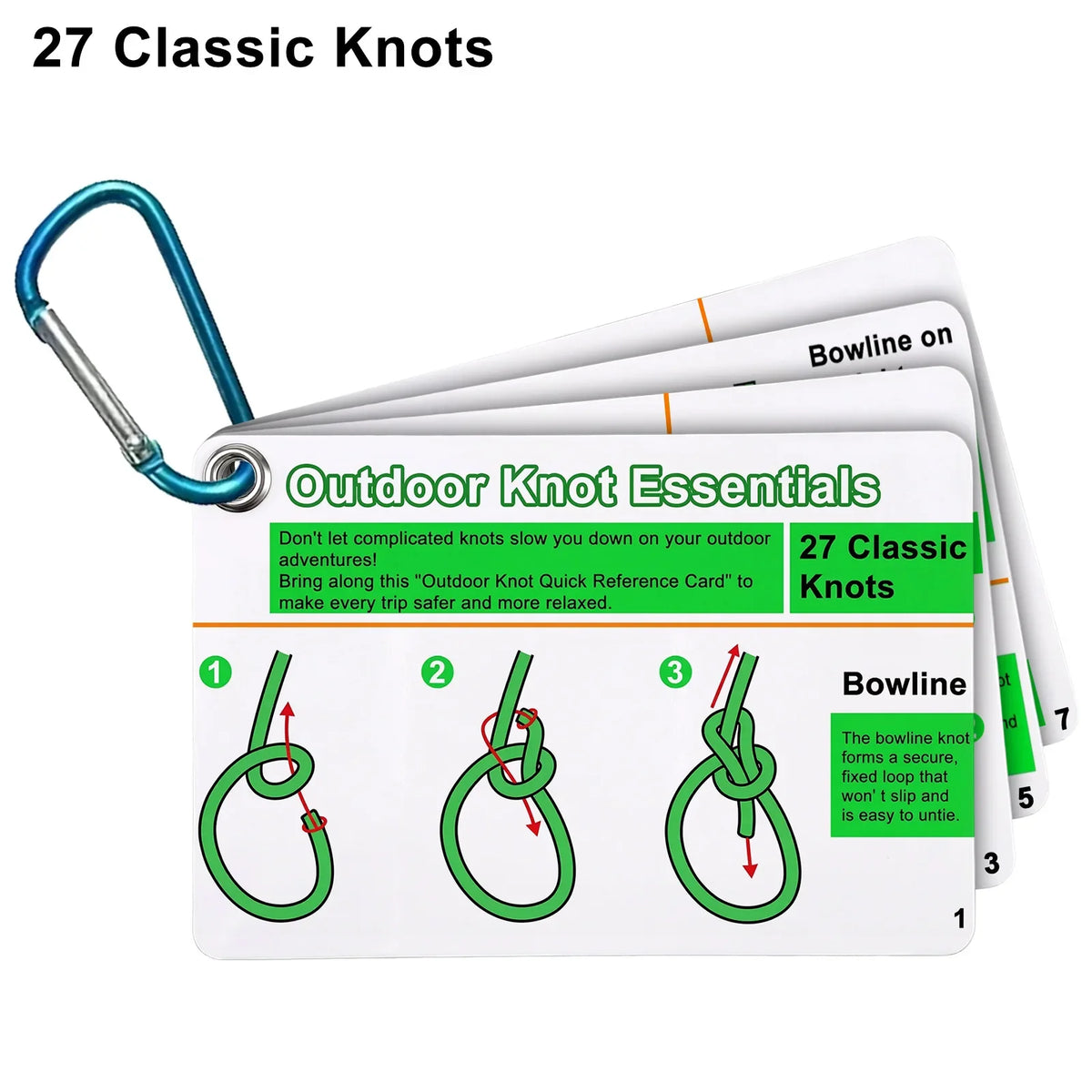 Outdoor Knot Tying Guide Cards Waterproof Plastic Reference Carabiner Survival Emergency Tools For Hikers Campers Scouts Gifts