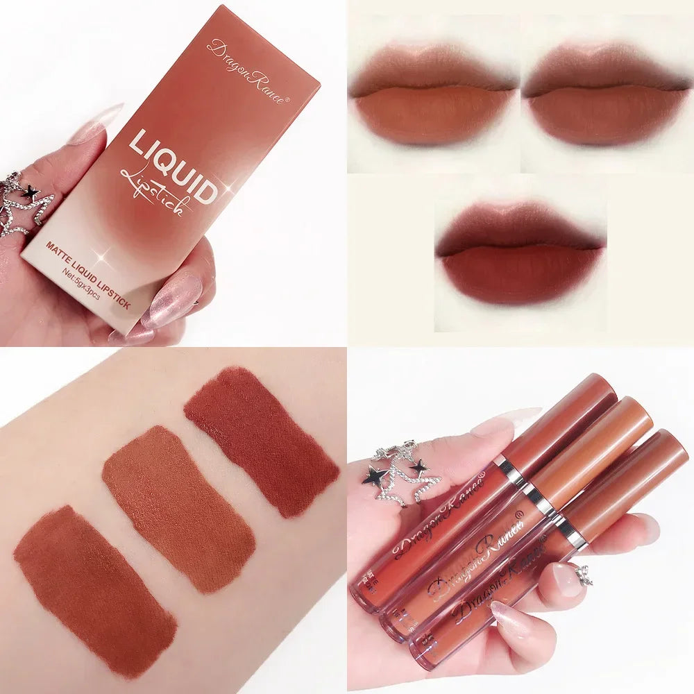 3Pcs Sexy Liquid Lipstick Set Matte Velvet Lip Gloss Bean Paste Lip Glaze Moisturize Long Lasting Lip Tint Makeup Cosmetic Kit