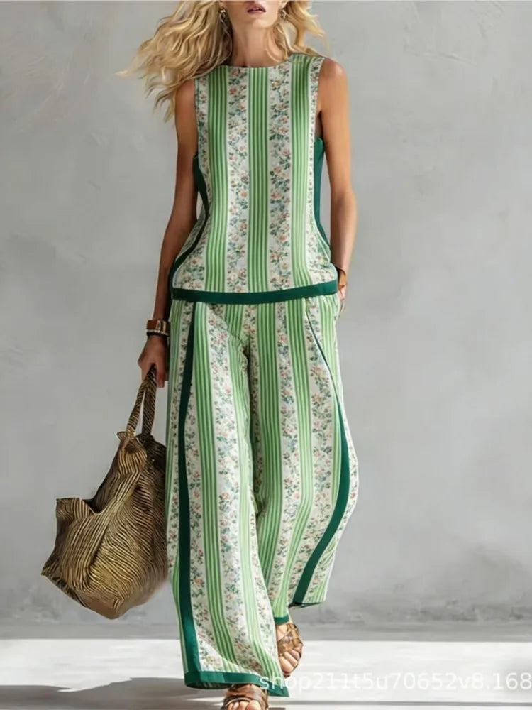 Fashion Retro Printed Sleeveless Tops Trousers 2-piece Set Women's Summer Casual Vest Loose Wide Leg Trousers Female Suit Pocket
