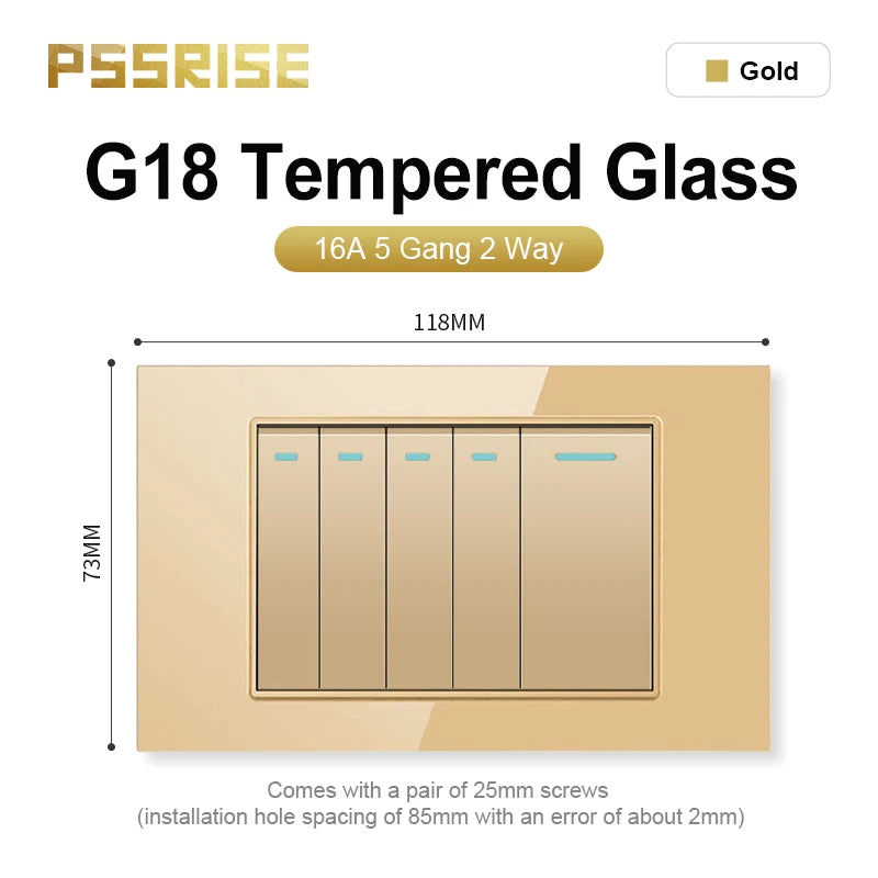 PSSRISE AU EU Brazil Italy US Standard 1/2/3/4/5/6 Gang 2 Way Wall light switch Tempered glass Panel Switch 118*74mm AC110-250V