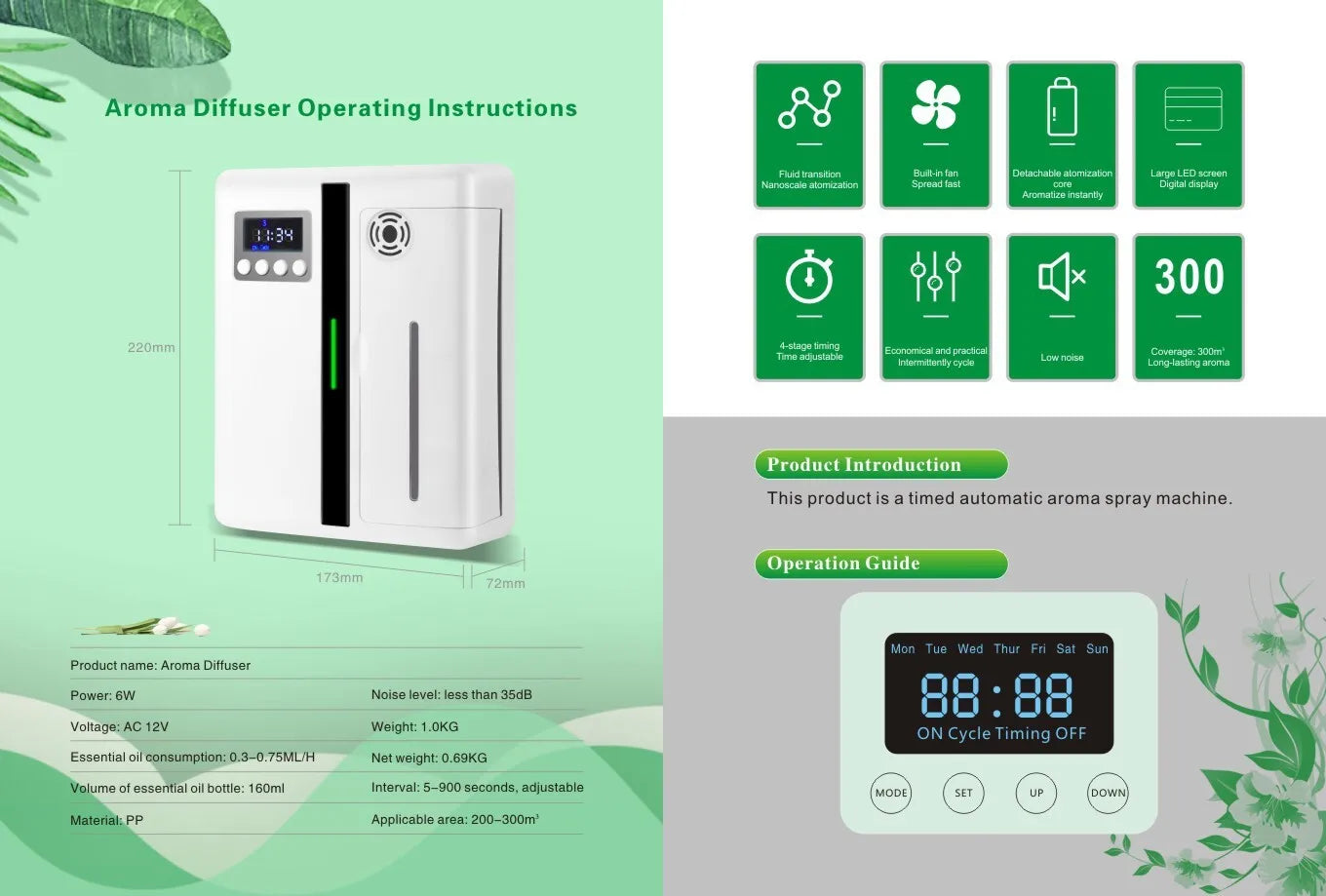300m³ Aromatherapy Dispenser Hotel Commercial Dispenser Mall Automatic Aroma Essential Oil Diffuser Home Fragrance Air Purifier