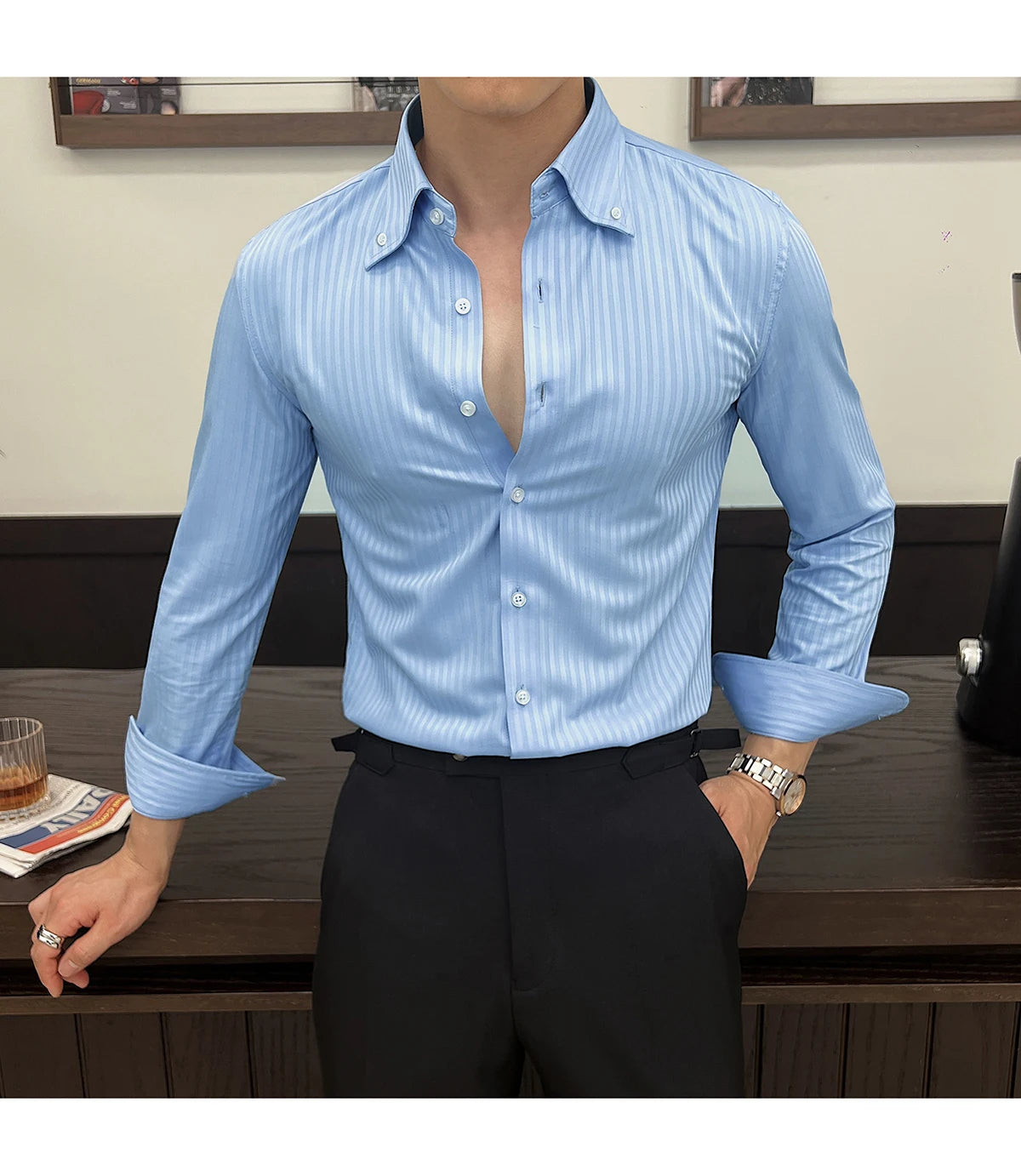 High-quality autumn men's new long-sleeve dark striped slim-fit shirt business casual formal workwear M-4XL