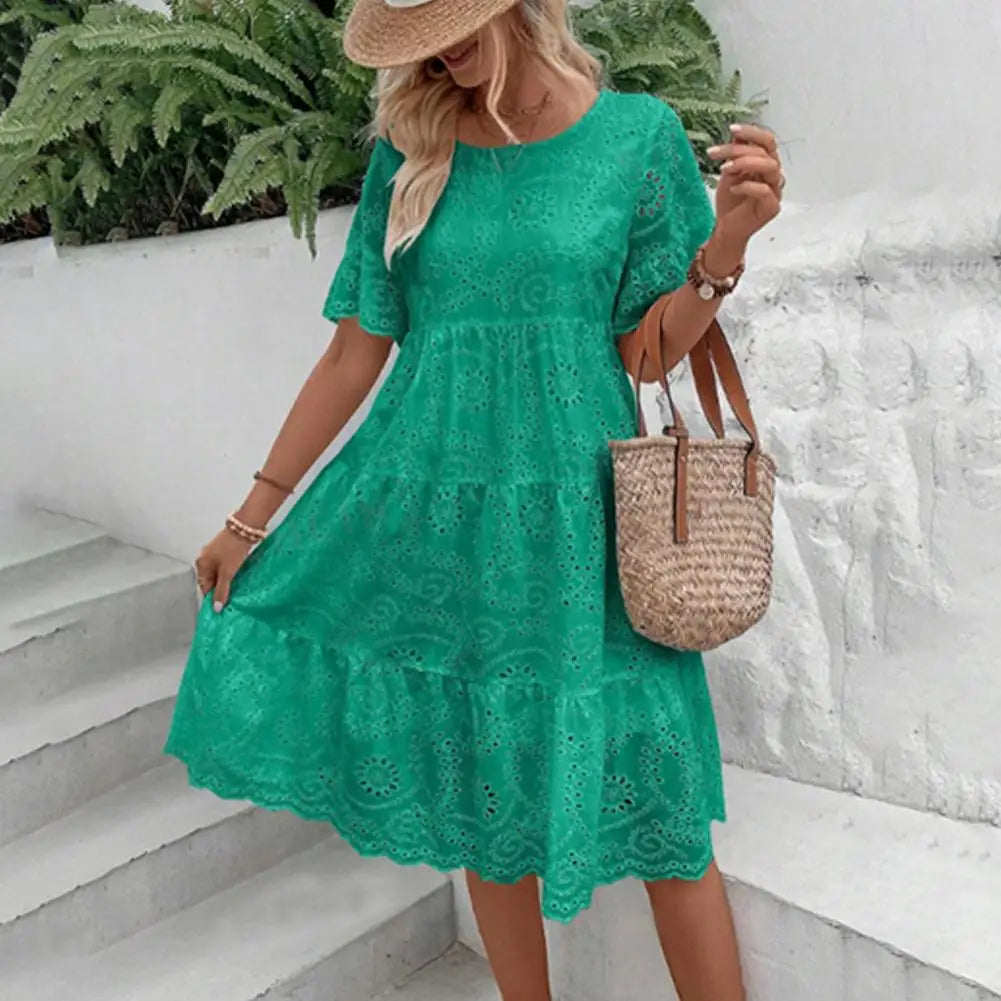 Summer Women Dress Hollow Out O Neck Short Sleeves A-line Pleated Solid Color Big Swing Embroidery Vacation Beach Midi Dress