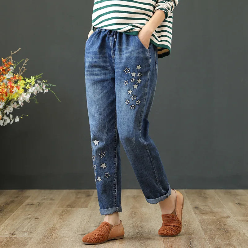 Women's Denim Pants Vintage Flower Embroidery Chinese Hand Work High Quality Casual Loose Jeans China Clothing Factory Wholesale